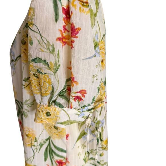 Rose + Olive Smocked Blouse Shirt Top Floral Print Beige Yellow S - Picture 3 of 7